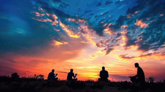 Silhouetted figures at sunset meditation - Group of individuals in various meditation poses under a vibrant sunset sky, exuding peace and spirituality