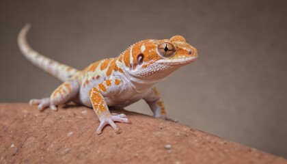 Naklejka premium a close up of a small orange and white gecko on a rock looking at the camera with a curious look on its face.