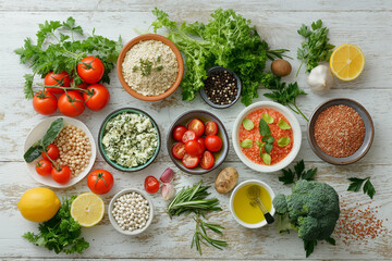 A top view photography-style image showcasing a variety of organic foods, including fresh...