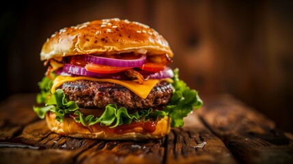 Close-up of a gourmet cheeseburger topped with fresh onions, crisp lettuce, and juicy tomato slices on a rustic background. - Powered by Adobe