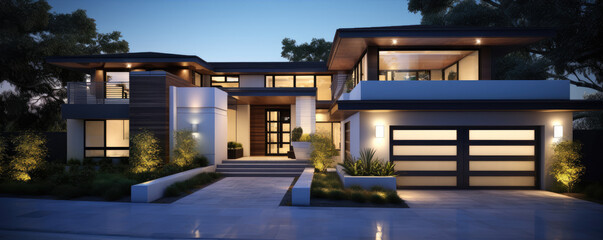 Luxury modern architectural villa at dusk