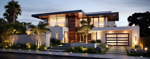 Luxury modern architectural villa at dusk