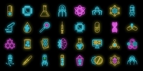 Nanotechnology Science Icons Set Vector Neon