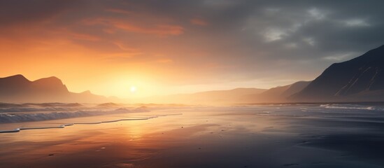 As the sun sets, the sky over the lake transforms with clouds and an array of colors, creating a picturesque natural landscape with mountains in the background