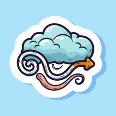 Cartoon cloud sticker, weather character, cure design. Storm season overcast. Meteorology atmosphere blowing wind. Isolated on blue background. Vector illustration.