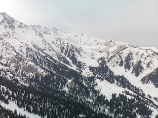 Mountain winter landscape, fir trees and snow in the mountains.