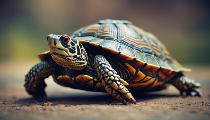  a close up of a tortoise on the ground with it's head slightly turned to the side.