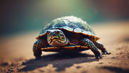  a close up of a small tortoise on a dirt ground with a blurry back ground in the background.