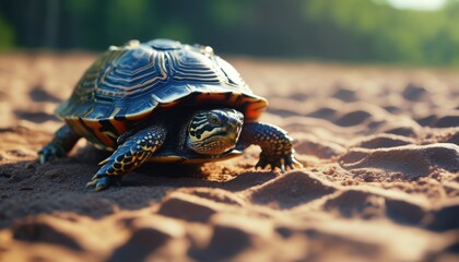  a close up of a small turtle on a sandy surface with trees in the backgrounge of the picture.