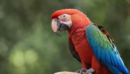  a colorful parrot perched on top of a tree branch with a blurry background of trees in the foreground.