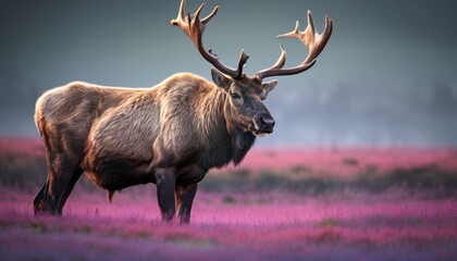  a large bull standing on top of a field of purple flowers with antlers on it's back legs.