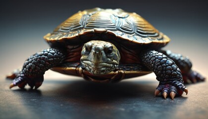  a close up of a small tortoise shell on a table with a black back ground and a gray back ground.