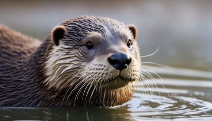  a close up of a wet otter in a body of water with it's head above the water's surface.