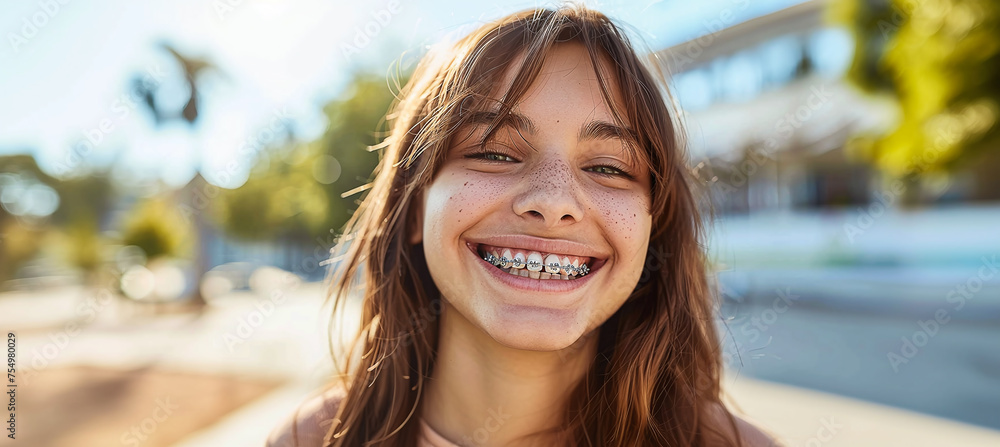 Wall mural Smiling teenage girl with braces on her mouth