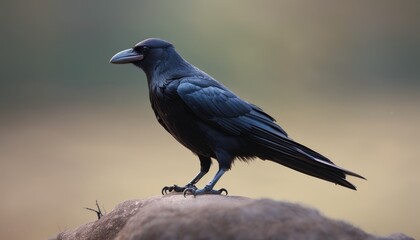  a black bird sitting on top of a rock on top of a grass covered field next to a small tree.
