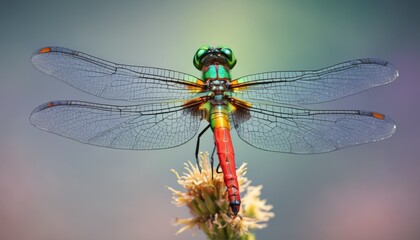  a close up of a dragonfly on a flower with a blurry sky in the back ground behind it.