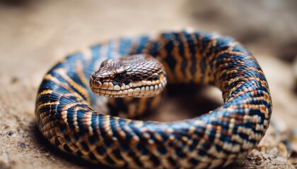  a close up of a blue and orange snake on the ground with it's head in the center of the snake's body.