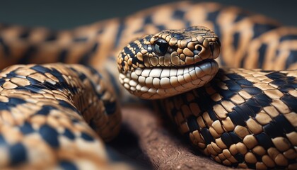  a close up of a snake's head with a black and tan pattern on it's body and neck.