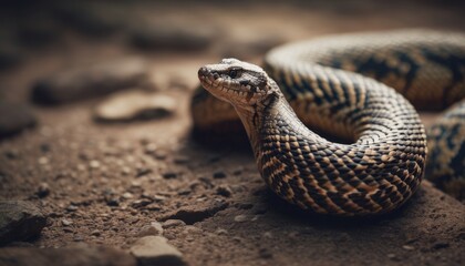  a close up of a snake on the ground with it's head in the middle of it's body.