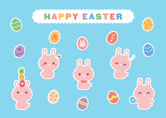 イースターエッグとうさぎのイラスト素材セット　シール風　かわいい