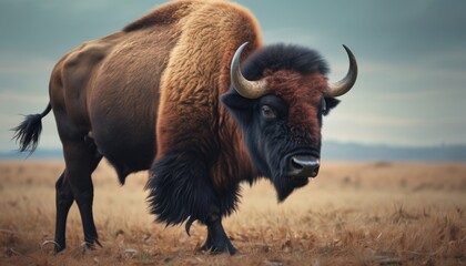  a close up of a bison in a field of dry grass with a cloudy sky in the backround.