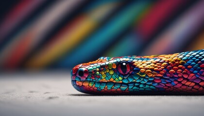  a close up of a colorful snake's head with a multi - colored pattern on it's body.