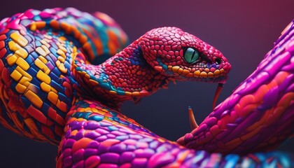  a close up of a colorful snake figurine with a green eye on top of it's head.