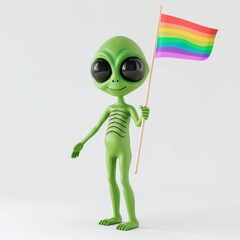 Whimsical 3D flat alien holding a rainbow flag