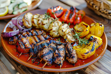 Grilled vegetables and meat assortment ready-to-eat on orange ceramic plate on wood table, mediterranean dish