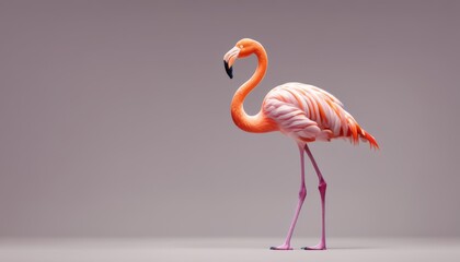  a pink flamingo standing in the middle of a gray background with its legs spread out and its head turned to the side.