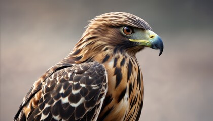  a close up of a bird of prey with a brown, black and white pattern on it's head.