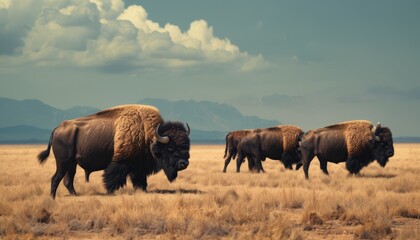  a herd of buffalo standing on top of a dry grass covered field with mountains in the background on a cloudy day.
