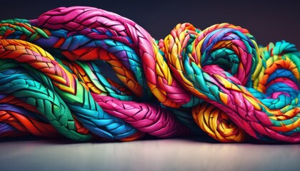  a close up of a multicolored rope on a white surface with a black background and a blue sky in the background.