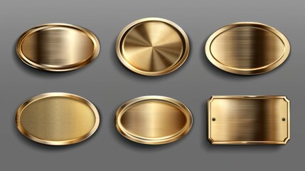 Mockup of gold or brass plates with name plaques, metal identification badges, round, oval, and rectangular frames on a transparent background.