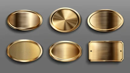 Fototapete Mockup of gold or brass plates with name plaques, metal identification badges, round, oval, and rectangular frames on a transparent background. © Mark