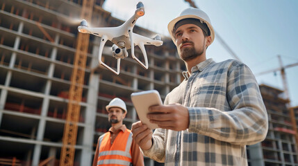 Engineer in white protective helmet controlling drone for aerial construction inspection at project construction site. Using drones and new technologies in construction