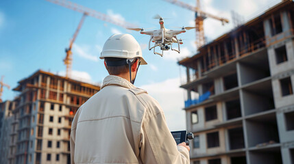 Engineer in white protective helmet controlling drone for aerial construction inspection at project construction site. Using drones and new technologies in construction