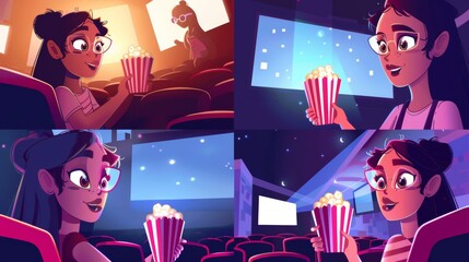 An illustration of a young woman with a popcorn bucket sitting in a dark theater hall watching an interesting film. This is a set of cartoon flyers for a movie night.