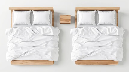 Top view of single and double beds with white duvets, pillows, and sheets. Modern realistic mockup of wooden beds, 3D furniture for sleep on white background.