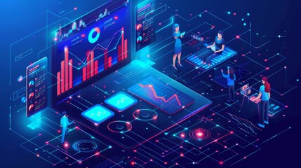 Graphs, charts, graphs, and little business people on an isometric landing page for investment, trading, automation technology, and 3D modern banners.