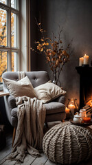 A gray armchair with a blanket and pillows, a pouf, a window, a fireplace with candles and a vase with autumn leaves