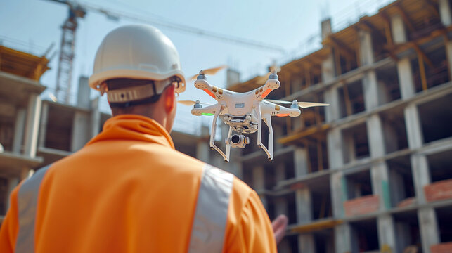Engineer in white protective helmet controlling drone for aerial construction inspection at project construction site. Using drones and new technologies in construction