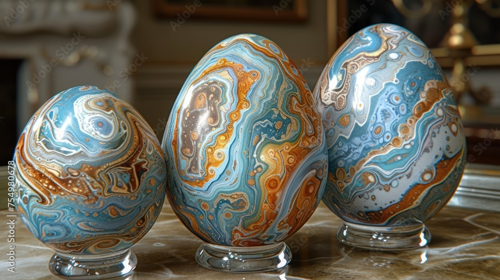 Poster a group of three marbled eggs sitting on top of a marbled counter top next to a fire place.