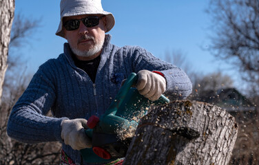 Chain saw operation. A saw is sawing off part of an old tree in the background by the man who is holding it. Sawdust flies in different directions. - obrazy, fototapety, plakaty