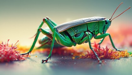  a close up of a grasshopper on a surface with red and yellow sprinkles on the ground. - obrazy, fototapety, plakaty