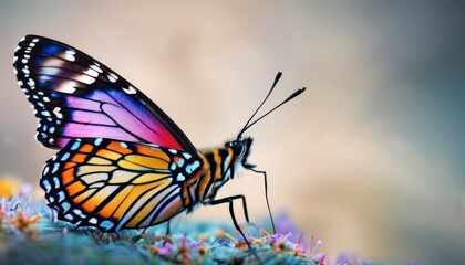Fototapeta na wymiar a colorful butterfly sitting on top of a purple and blue flower covered ground with a blurry sky in the background.