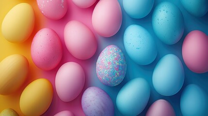 a group of eggs with sprinkles on them in a blue, yellow, pink, and orange background.
