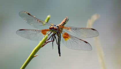  a close up of a dragonfly on a plant with water droplets on it's wings and back legs.