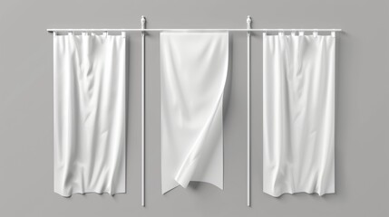 A mockup of white pennant flags on a flagpole, with rounded, straight, pointed, and double edges. A realistic 3D modern illustration set of medieval heraldic empty ensigns.