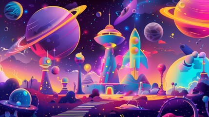 Inviting to a music show in space, with shuttle and alien station as the background. Cosmos, universe fantasy background, modern illustration.